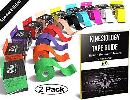 Physix Gear Sport Kinesiology Tape - Free Illustrated E-Guide - 16ft Uncut Roll - Best Pain Relief Adhesive for Muscles, Shin Splints Knee & Shoulder - 24/7 Waterproof Therapeutic Aid (2PK BLK)