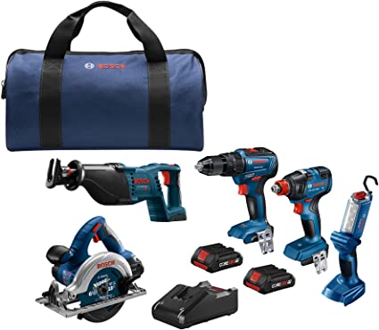 BOSCH GXL18V-501B25 18V 5-Tool Combo Kit with Two-In-One Bit/Socket Impact Driver, 1/2 In. Hammer Drill/Driver, Reciprocating Saw, Circular Saw, LED Worklight and (2) CORE18V 4.0 Ah Compact Batteries