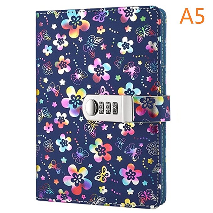 PU Leather Diary with Lock, A5 Size Diary with Combination Lock Password Journal Student Stationery Record Book Business Office Notepad (Multicolor)