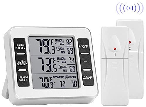 VIVOSUN Refrigerator Thermometer Wireless Digital Freezer Thermometer with 2 Wireless Sensors Audible Alarm MIN/MAX Record LCD Display for Kitchen, Living Room, Restaurant,Bar,Cafe, Outdoor/Indoor
