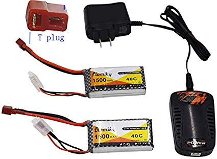 Blomiky 2 Packs 7.4V 1500mAH 35C Lipo Battery with Deans T Plug and Charger for RC Truck Car Vehicle Truggy RC Hobby 7.4V 1500mAh T 2