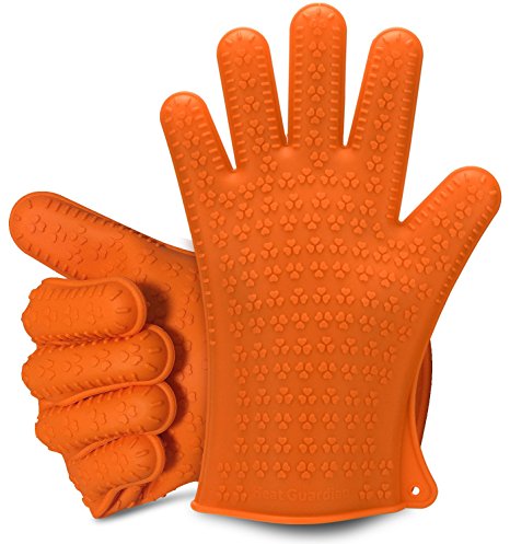 Heat Guardian Silicone BBQ Grill Oven Gloves -Ideal for Barbeque, Oven, Cooking, Frying, Baking, Smoking, and Potholder-Protection Up To 425 Degrees & One-Size-Fits-Most (Orange)