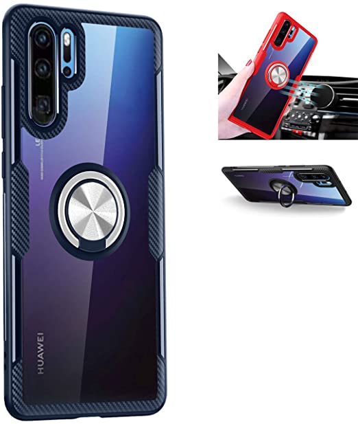 Huawei P30 Pro Transparent Case,360° Rotating Ring Kickstand Protective Case,TPU PC Shock Absorption Double Protection Cover Compatible with [Magnetic Car Mount] for Huawei P30 Pro Case (Navy/Silver)