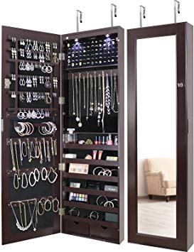 Greenco Door Jewelry Organizer Armoire with Large Led Lights, Lockable-Espresso Mirror