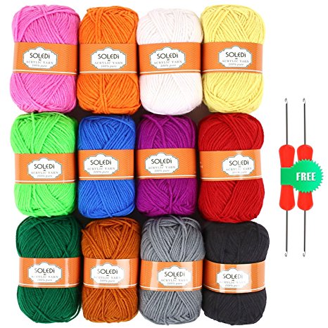 SOLEDI Bonbons Yarn 50g X 12 Skeins Assorted Colors 100% Acrylic for Crochet & Knitting Multi Pack Variety Colored Assortment