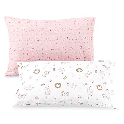 TILLYOU Cotton Collection Soft Toddler Pillowcases Set of 2, 14x20 - Fits Pillows Sized 12x16, 13x18 or 14x19, Machine Washable Travel Pillow Case Cover with Envelope Closure, Jungle Animals Pink