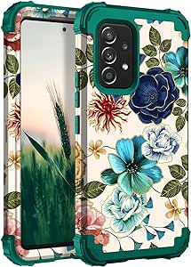 Hocase for Galaxy A53 5G Case, Heavy Duty Shockproof Protection Soft Silicone Rubber Bumper Hard Plastic Hybrid Protective Case for Samsung Galaxy A53 5G (6.5" Display) 2022 - Teal Flowers