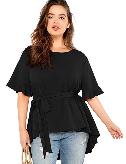 Romwe Women's Plus Size Raw Hem Ruffle Short Sleeve Belted Flare Peplum Blouse Top