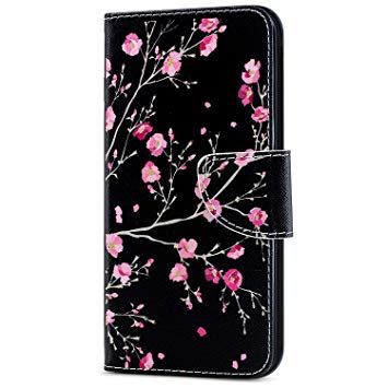 Galaxy J3 2016 Case,Galaxy J3/Amp Prime/Sky/Express Prime Case,ikasus Flower PU Leather Wallet Case with Kickstand Card Holder Rubber Flip Cover for Samsung Galaxy J3 2016/J3 2015,Black Bottom Blossom