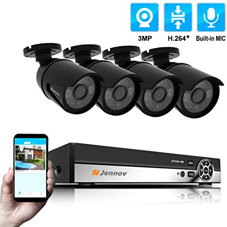 Jennov 4 Channel PoE(Power Over Ethernet) Security Camera System 3 Megapixels True HD Bullet IP Camera Home Surveillance Outdoor Indoor IP66 Waterproof with Audio Recording Night Vision Motion Alert