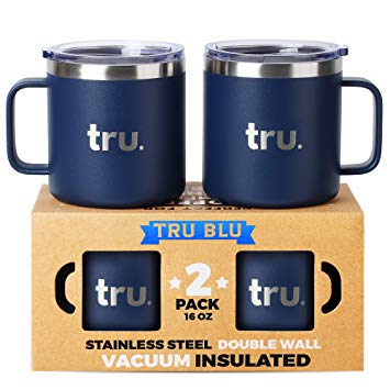 Large Camping Mugs with Lids 16oz, Set of 2 Vacuum Insulated Travel Cups, Stainless Steel Metal Mugs – Outdoor, RV, Hiking, Boating, Portable, BPA Free