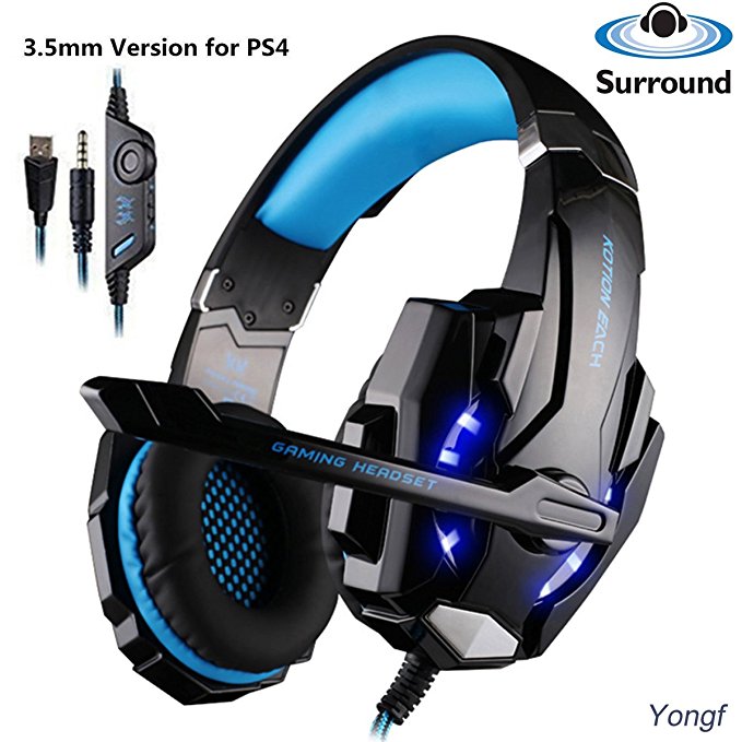 Gaming Headset, Yongf Hunterspider V9 3.5mm Gaming Headphone Earphone with Microphone LED Light for Laptop Tablet Mobile Phones PS3/PS4/XBox360 PC Headband(Blue)