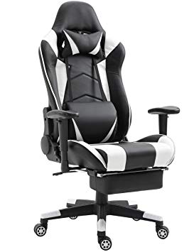 Gaming Chair Video Game Chair High Back Ergonomic Racing Chair with Footrest Adjustable Height Swivel Chair with Footrest and Lumbar Support for Home Entertainment Furniture (White/Black)