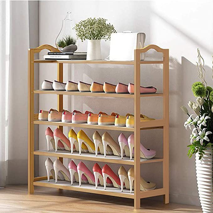 YORKING 5 Tier Shoe Rack Organiser, Bamboo Shoes Rack Wooden Storage Shelf Display Stand for Hallway, Bathroom, Living Room, bedroom and Corridor, 79x22x87 CM
