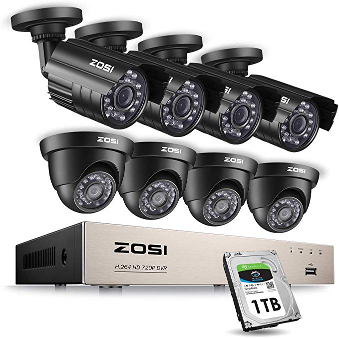 ZOSI 8CH HD 720P Video Security System 4 in 1 DVR with (4) HD 1.0MP Weatherproof Bullet Cameras and (4) 1280TVL Dome Cameras, Outdoor Indoor Surveillance Camera System, 1TB Hard Drive