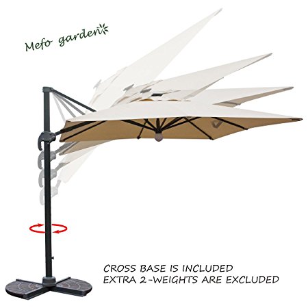 Mefo garden 8.5 by 8.5-Feet Aluminum Square Cantilever Patio Umbrella 360-Degree Rotation with Crossing Base and Solar Led Lights, 250gsm, Beige
