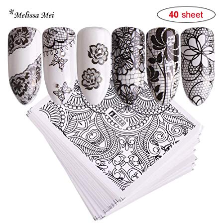 Nail Stickers for Women Nail Art Stickers, Self-adhesive Nail Decals 40 Sheets 3D Design Black Lace Nail Decals Decal Stickers for Women Nail Design Kit (No Repeat Design)