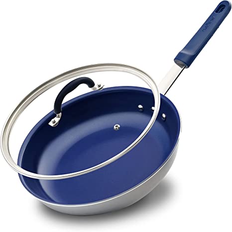 NutriChef 10" Fry Pan With Lid - Medium Skillet Nonstick Frying Pan with Silicone Handle, Ceramic Coating, Blue Silicone Handle, Stain-Resistant And Easy To Clean, Professional Home Cookware