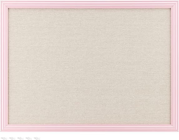 Navaris Framed Linen Bulletin Board - 17 x 23 inches Fabric Jewelry Organizer Pinboard for Wall Memory Memo Pin Board - Natural Linen with Pink Frame