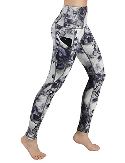 ODODOS High Waist Out Pocket Printed Yoga Pants Tummy Control Workout Running 4 Way Stretch Yoga Leggings,Crosstalk, Small