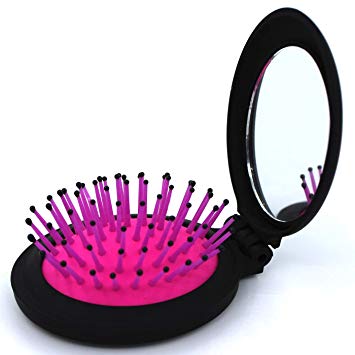 Folding Travel Mirror Hair Brushes Portable Wet Magic Mini Pop Up Hair brush Pocket Comb For Women (Pink)