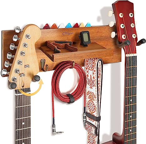 Guitar Wall Mount with 2 Rotatable Rubber Hook, Wood Guitar Wall Hanger with Shelf and Pick Holder, Guitar Holder Wall Stand Hanging Rack for Acoustic Electric Guitar, Bass, Banjo, Guitar Accessories
