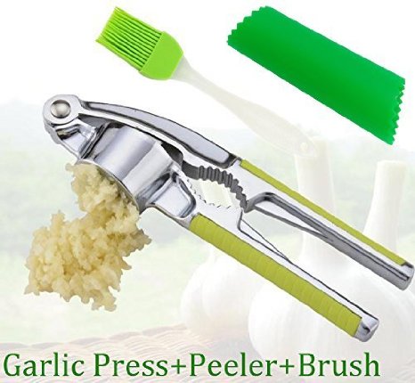 Topbest Professional Ergonomic Heavy Duty Safety Manual Garlic Press Built-in Nut Cracker-Stainless Steel Antiskid Handle with Silicone Garlic peeler Tube Roller, Heat Resistant Silicone Brush