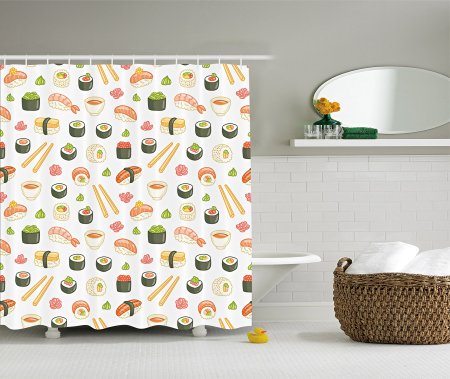 Ambesonne Artistic Food Decor Collection, Japanese Sushi Fun Decorations, Polyester Fabric Bathroom Shower Curtain Set with Hooks, Colorful