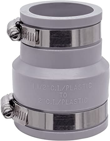 Fernco 1056-215 Reducing 2-in. x 1-1/2-in. Flexible PVC Pipe Coupling for Cast Iron and Plastic Plumbing Connections in Gray