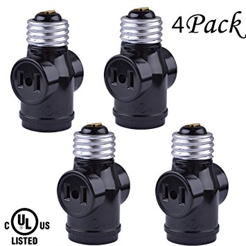 SerBion 4 Pack Black E26 the US Standard Screw Light Holder,E26 to E26 Lamp Holder with 2-Prong Cord Outlet Socket Adapter, Convenient and Practical (4 Pack)