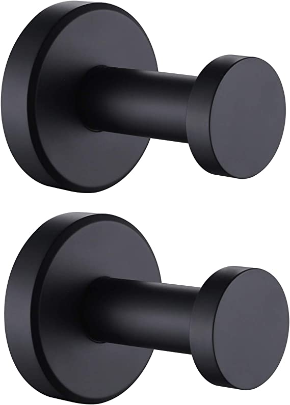 Bathroom Towel Hook 2 Pack, APLusee Stainless Steel Round Coat Robe Hanger, Contemporary Decorative Toilet Kitchen Clothes Wall Holder (Matte Black)