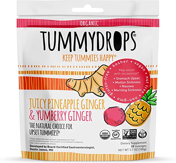 USDA Organic Tropical Ginger Tummydrops Variety Pack (Resealable Bag with 33 Individually Wrapped Drops, Mix of Pineapple & Yumberry)