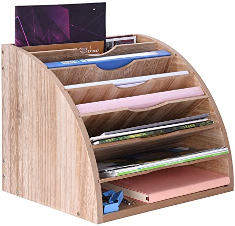 Wooden File Organizer, 7 Tiers Paper Letter Tray Organizer, Desktop File Sorter with 6 Adjustable Shelves, Large Desk Paper File Holder with DIY Compartments