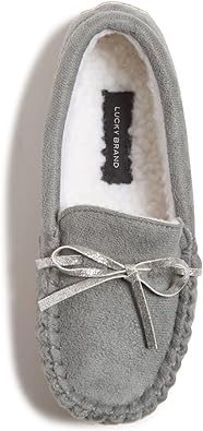 Lucky Brand Girls Plush Glitter Bow Moccasin Slippers, Rubber Sole Indoor Outdoor House Shoes, Kids Bedroom Slipper Moccasins