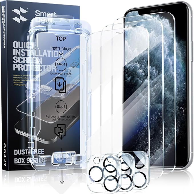 SmartDevil 3-Pack Screen Protector for iPhone 11 Pro Max with 3-Pack Camera Lens Protector, Clear 9H Tempered Glass Film, Super Fast Installation (Dust-Free & Bubble-Free), Alignment Tool