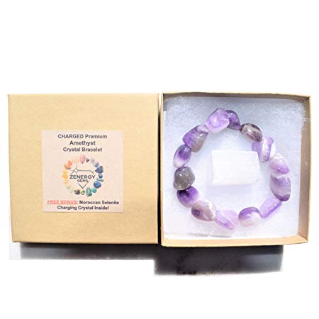 CHARGED Amethyst Crystal Bracelet Tumble Polished Stretchy (OPEN & HEAL THE HEART CHAKRA - SOOTHE HURT, LONELINESS & ANXIETY) [REIKI] by ZENERGY GEMS