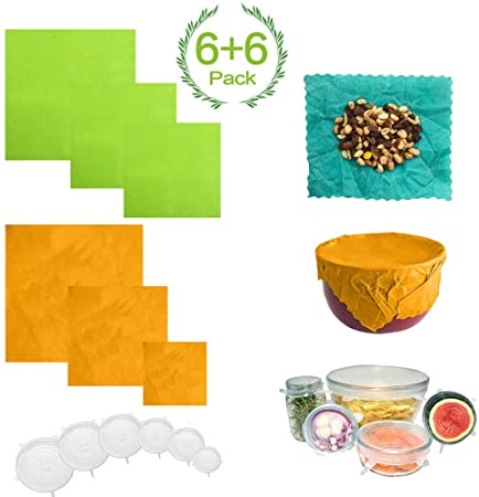 ARCBLD Beeswax Wraps and Silicone Stretch Lids,Sustainable Reusable Plastic Free Beeswax Food Wraps cover for Fruits & Vegetables and Bowls to Keep Fresh, 6 Pieces Bee's Wrap   6 Pieces Silicone Lids