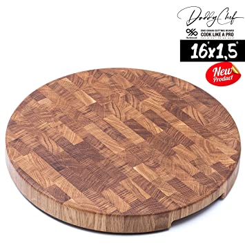 Daddy Chef Round End Grain Wood cutting board 16 x 1.5 inch - Extra Large - Kitchen Wooden Butcher Block - Chopping Board - Wooden Cheese Carving Board - Oak cutting board with feet (DT R16)