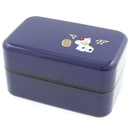 Kotobuki 2-Tiered Bento Box, Blue Maneki Neko Lucky Cat