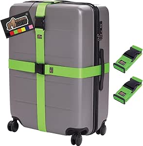 Gorilla Grip Heavy Duty 2 Pack Adjustable Luggage Straps for Suitcases, Easy to Identify Travel Belt Connector Holds Suitcase Together, Extends Life of Bag, Strap Connects Two Bags, Accessories Green