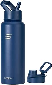 SUNWILL Insulated Water Bottle with Straw & Chug Lid, Metal Water Bottle 40 oz, Gym & Travel Stainless Steel Water Bottles, Reusable Double Wall Leak Proof Thermal Flask, Wide Mouth, BPA Free, Navy