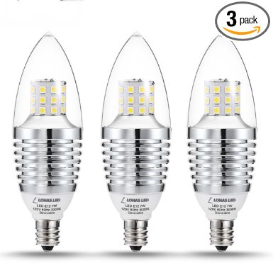 (3 Pack) LOHAS Dimmable LED Candelabra Bulb, 7 Watt Soft White 3000K, 65-70 Watt Light Bulbs Equivalent, E12 Candelabra Base,120V 680 Lumens, Torpedo LED Bulbs for Home Light