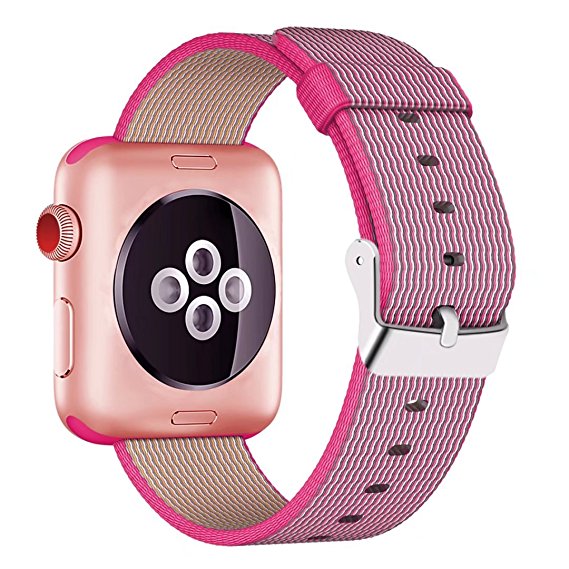 Yichan Woven Nylon Fabric Wrist Strap Replacement Band with Classic Square Stainless Steel Buckle for Apple iWatch Series 1 / 2 / 3,Sport & Edition,42mm,Pink