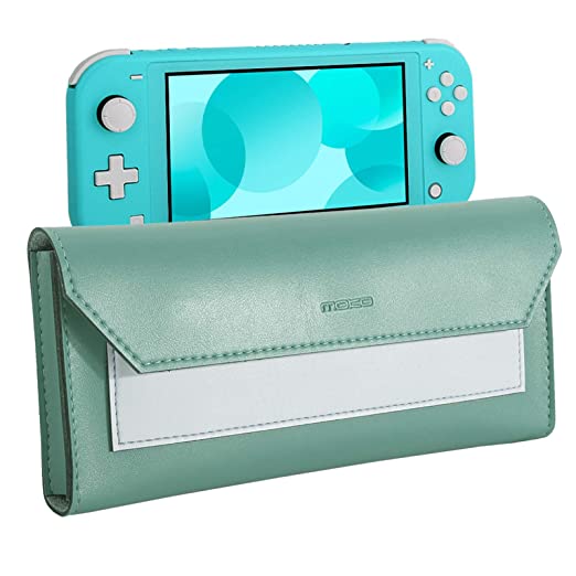 MoKo Slim Pouch for Nintendo Switch Lite, Travel Carry Case Storage Bag PU Leather Portable Magnetic Clasp Closure Cover with Game Cartridges Holders for Nintendo Switch Lite - Turquoise   Light Blue