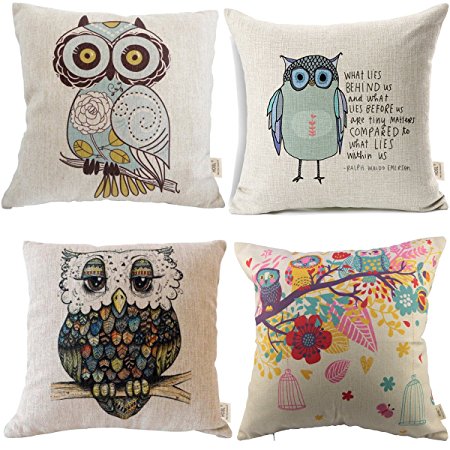 HOSL Owls pattern Blend Linen Square Decorative Throw Pillow Case Cushion Cover Set of 4