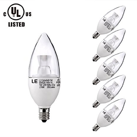 LE® 5W Dimmable C37 E12 LED Bulbs, LED Torpedo, 40W Incandescent Bulbs Equivalent, UL Listed, Candelabra Bulbs, 350lm, 120° Beam Angle, Warm White, 2700K, LED Candle Bulbs, LED Light Bulbs, Pack of 5 Units