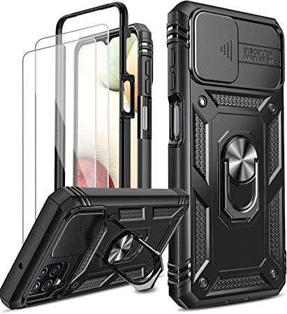 LeYi for Samsung Galaxy A12 5G Case with Slide Camera Cover and 2 Tempered Glass Screen Protector,Ring Holder Full Body Protective Heavy Duty Shockproof Silicone Tough Hard Armour Phone Cover, Black