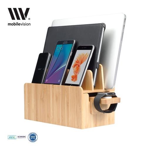 MobileVision Bamboo Charging Station & Apple Watch Adapter COMBO Multi Device Organizer for Apple Watch, Smartphones, Tablets, Laptops, and more
