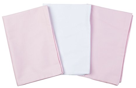 3 Toddler Pillowcases - 2 Pink and 1 White - For Pillows Sized 13x18 and 14x19 - 100% Cotton With Soft Sateen Weave - Envelope Style Closure - Machine Washable