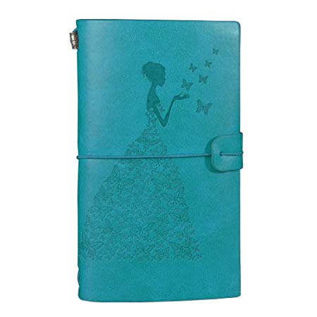 “Butterfly Girl” Vintage Leather Refillable Journal Travelers Notebook with 18 Card Slots and 1 PVC Zipper Pocket Perfect for Professional Writing Diary Gift for Men Women Girls & Boys (Blue)